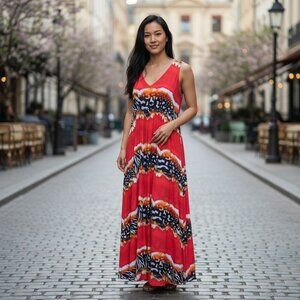 Natori Womens Empire Maxi Dress Size L Animal Print Red Sleeveless Bold Artsy